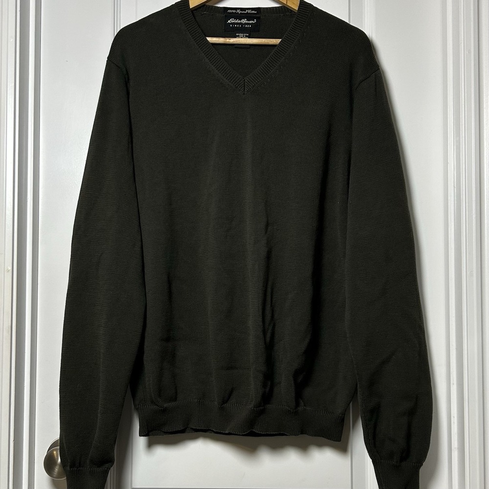 Eddie Bauer 100% Pima Cotton Dark Green V-Neck Long Sleeve Pullover Knit Sweater